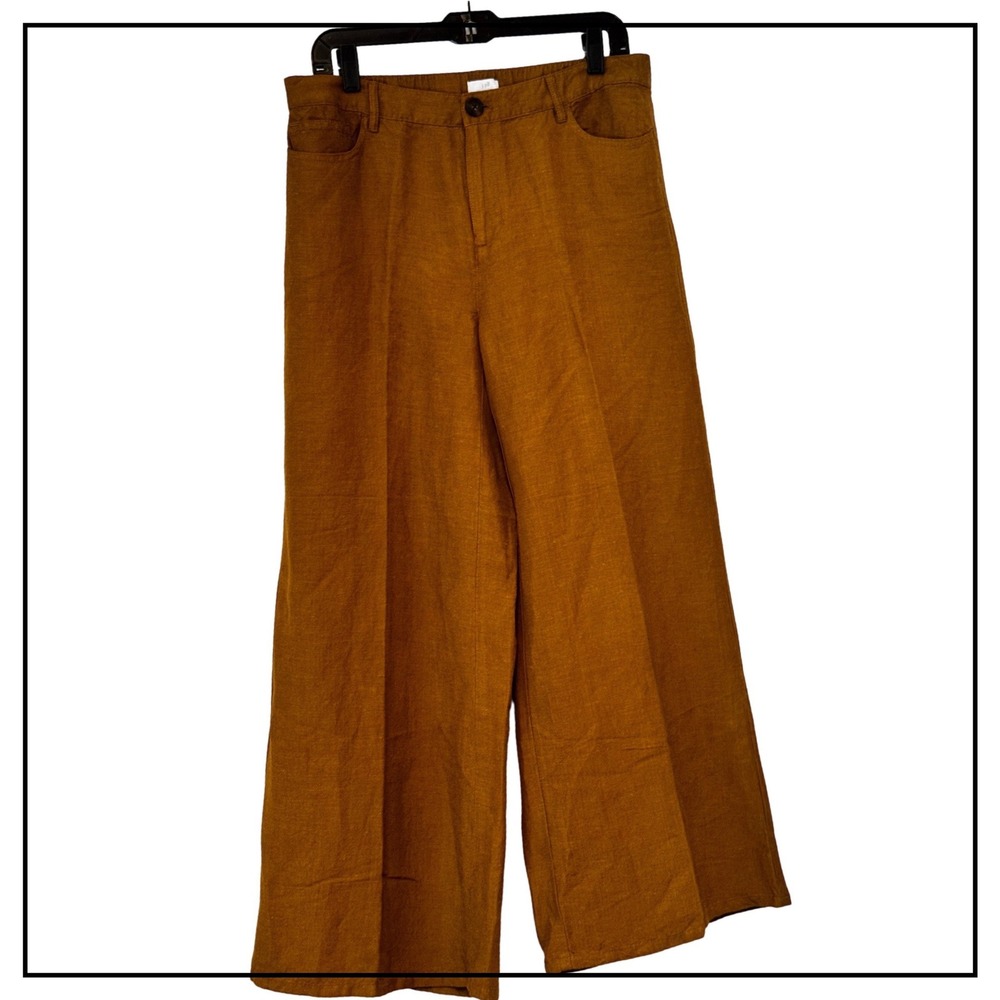 J. Jill Women 10 Tall Brown Linen Rayon Blend Wide Leg Trousers High Rise Pants